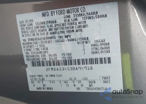 2003 Ford Windstar Sel z USA, uszkodzony, nr VIN 2FMDA53453BA94918